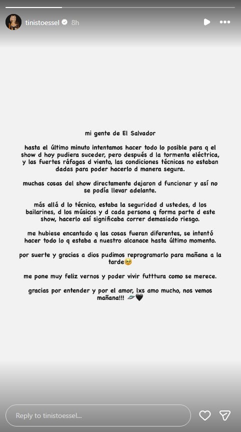 El comunicado de la artista sobre la reprogramación de su show en El Salvador (Instagram)