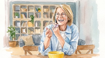 Ilustración de una mujer con gafas que habla por teléfono móvil junto a un tazón amarillo y una estantería con libros.