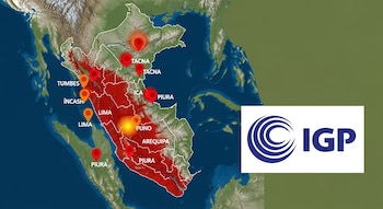 Mapa físico de Perú con regiones montañosas y costeras, mostrando en rojo y naranja marcadores de epicentros sísmicos y el logo del IGP.