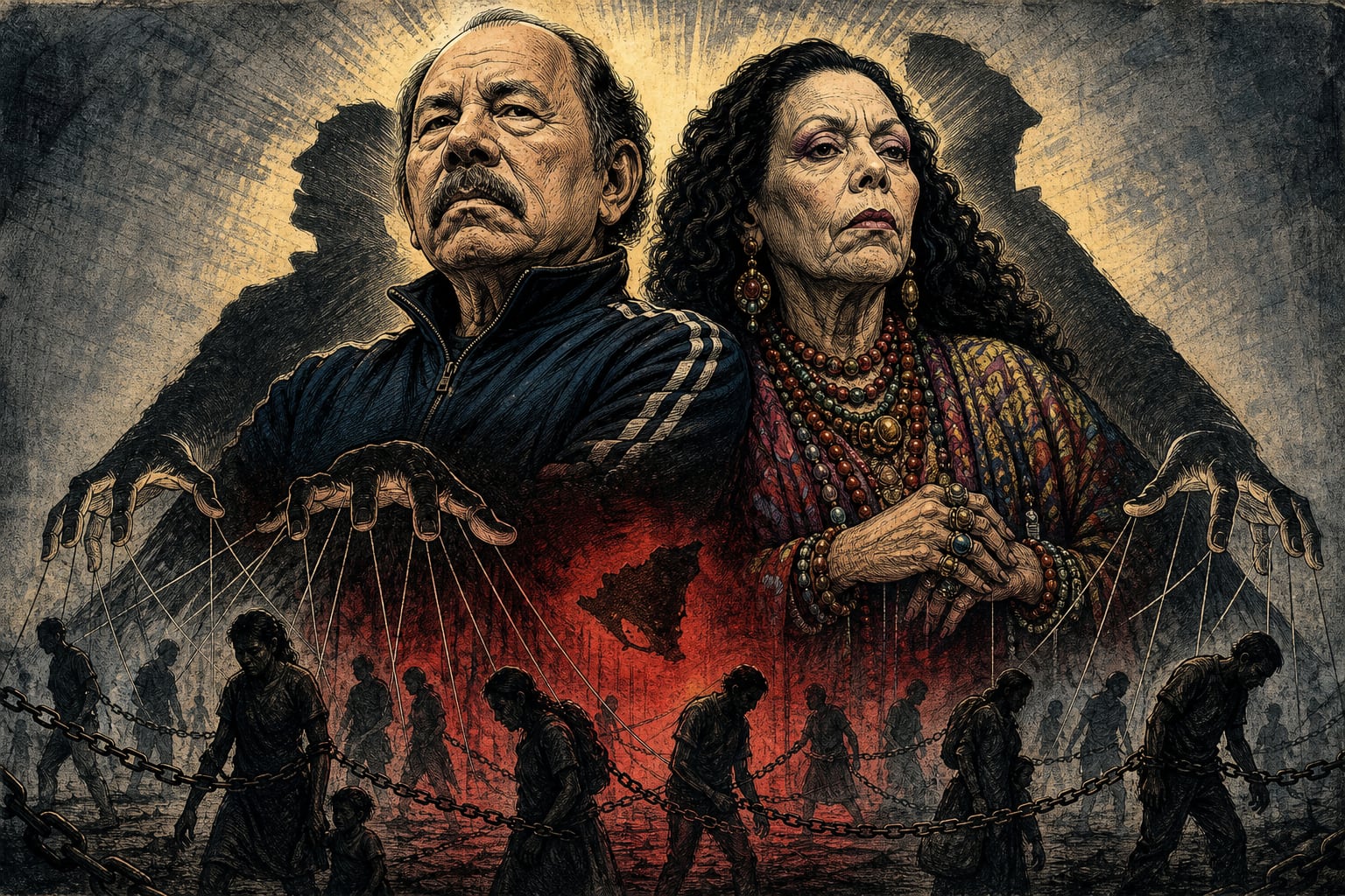 Una caricatura política de Daniel Ortega y Rosario Murillo ilustra la situación de la trata de personas y el control social en Nicaragua. (Imagen Ilustrativa Infobae)