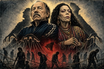 Ilustración de Daniel Ortega y Rosario Murillo manipulando hilos sobre figuras de personas encadenadas junto a un mapa de Nicaragua.