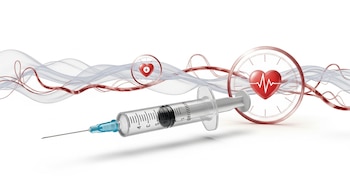 Jeringa médica moderna en primer plano sobre fondo blanco. Ondas translúcidas y líneas rojas abstractas con dos círculos de corazón y pulso.