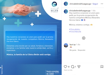 La clínica en la que trabaja la joven se unió a la petición con un mensaje de solidaridad - crédito clinicabelendefusagasuga/Instagram
