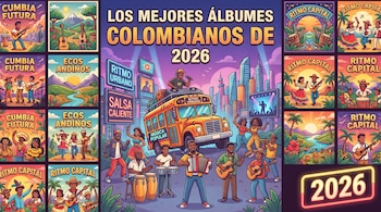 Ilustración de una portada con el título 'Los mejores álbumes colombianos de 2026', un bus, músicos y bailarines en una ciudad, y 12 miniaturas de álbumes.