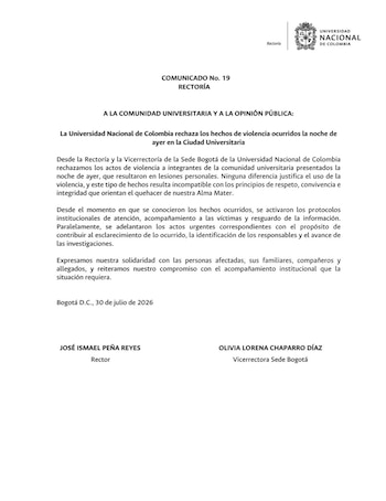 La rectoría, que colabora con las investigaciones para identificar a los responsables, rechazó la agresión, activó protocolos de atención y acompañamiento a las víctimas - crédito Universidad Nacional