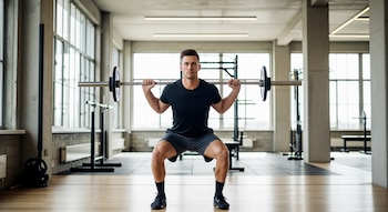 Un atleta con camiseta negra y pantalones cortos grises realiza una sentadilla con barra vacía en un gimnasio moderno con grandes ventanales y piso de madera.