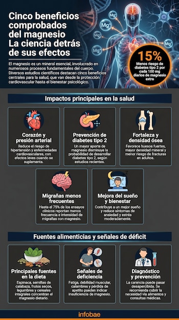 Infográfico detallado sobre los 5 beneficios del magnesio en la salud, mostrando un cuerpo humano con órganos, ADN, iones Mg+ y gráficos de corazón, páncreas, huesos, cerebro y sueño.