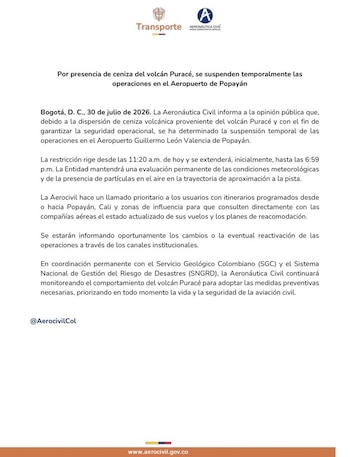 La autoridad aeronáutica monitorea las condiciones meteorológicas y la presencia de partículas volcánicas para definir cuándo podrán reanudarse los vuelos-crédito @AerocivilCol/X