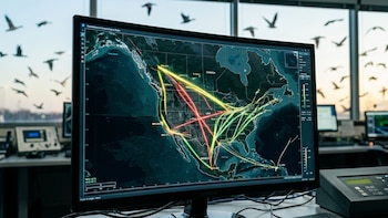 Pantalla de radar meteorológico en primer plano mostrando un mapa de América del Norte con trayectorias de aves migratorias en líneas luminosas. Al fondo, aves en vuelo