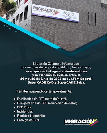 Seis procedimientos migratorios dejarán de estar disponibles entre el 16 y el 19 de junio. - crédito @MigracionCol/X
