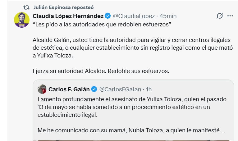 Claudia López criticó al alcalde Galán por la falta de control y clausura de centros estéticos ilegales en la capital - crédito Claudia López/X