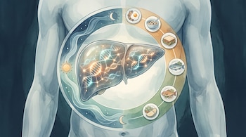 Ilustración de un torso con un hígado transparente que contiene cadenas de ADN, rodeado por un círculo con el sol, la luna y platos de comida.