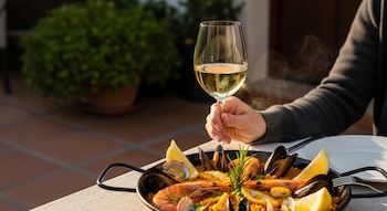 Una persona sostiene una copa de vino blanco junto a una sartén de paella de mariscos humeante, decorada con limón y romero, sobre una mesa de balcón.