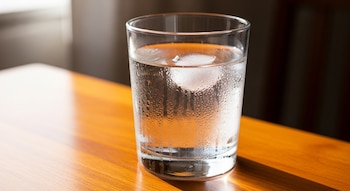 Vaso de agua con hielo sobre una mesa de madera, gotas de condensación visibles en el vaso.