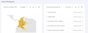 James Rodríguez volvió a figurar entre las tendencias de julio por consultas sobre su nuevo equipo, su vida personal y los cuartos de final - crédito Google Trends