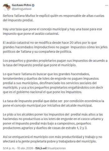 Gustavo Petro sostuvo que el paro por avalúos catastrales favorece a grandes terratenientes - crédito @petrogustavo/X