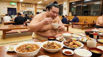 Un luchador de sumo semidesnudo come con palillos de un tazón pequeño en una mesa baja llena de platos de comida variada, arroz y sopas. Otros comensales al fondo.