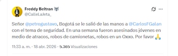 El comediante Freddy Beltrán pidió la intervención de Gustavo Petro ante la inseguridad en Bogotá - crédito @CalleLaJeta_/X