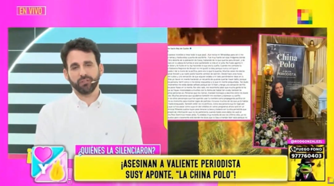 Peluchín se quiebra por asesinato de ‘La China Polo’ y reconoce labor periodística de Lourdes Sacín. Captura: Willax.