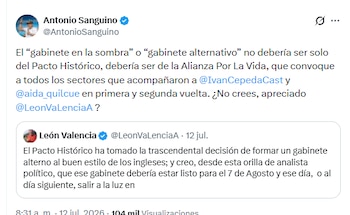 Antonio Sanguino expresó su apoyo a un “gabinete en la sombra” que propone el Pacto Histórico para vigilar el gobierno de Abelardo de la Espriella - crédito @AntonioSanguino/X