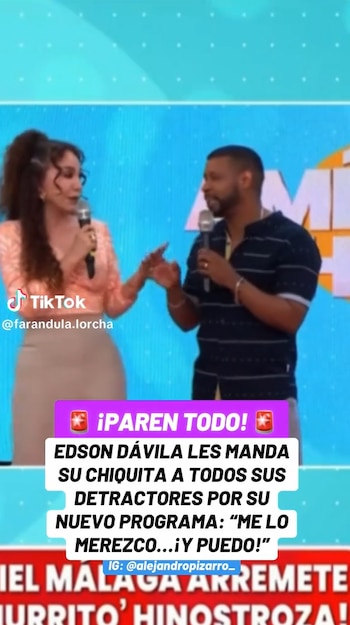 Un hombre y una mujer, ambos con micrófonos, aparecen en un escenario con fondo azul. Un gran texto superpuesto blanco y morado detalla una declaración
