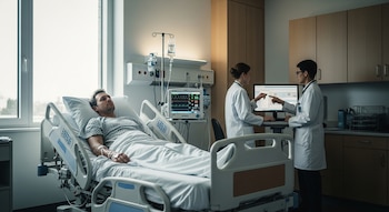 Paciente adulto en una cama de hospital con monitor médico conectado, dos médicos consultando una computadora, gotero de suero, ventanal.