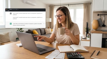 Una mujer sonriente con gafas apunta a una laptop abierta que muestra una conversación de ChatGPT sobre finanzas personales, mientras sostiene una taza de café.