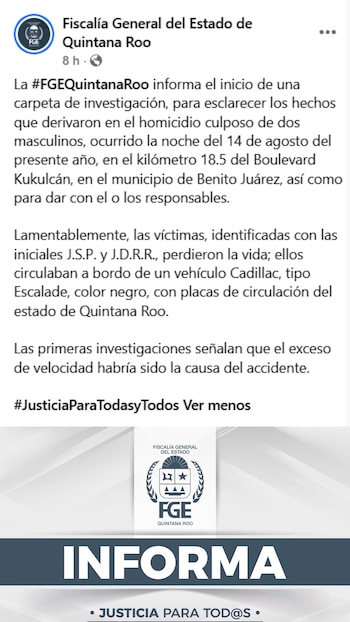 Un post de red social muestra el logotipo de la Fiscalía General de Quintana Roo y un texto sobre un homicidio culposo en Benito Juárez