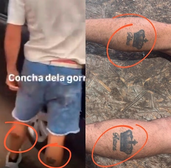 Un hombre con pantalones cortos de mezclilla, calzado blanco y un tatuaje de corona y el nombre 'Aitana' en la pantorrilla, visibles en dos tomas