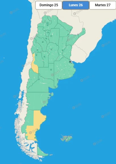 El mapa del Servicio Meteorológico Nacional para el lunes 26 señala áreas bajo alerta de nivel amarillo en sectores del oeste y del sur de Argentina.