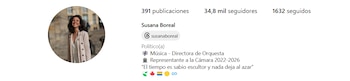 Susana Boreal, en su cuenta en la red social de Instagram, se presenta como música y directora de orquesta - crédito @susanaboreal/Instagram