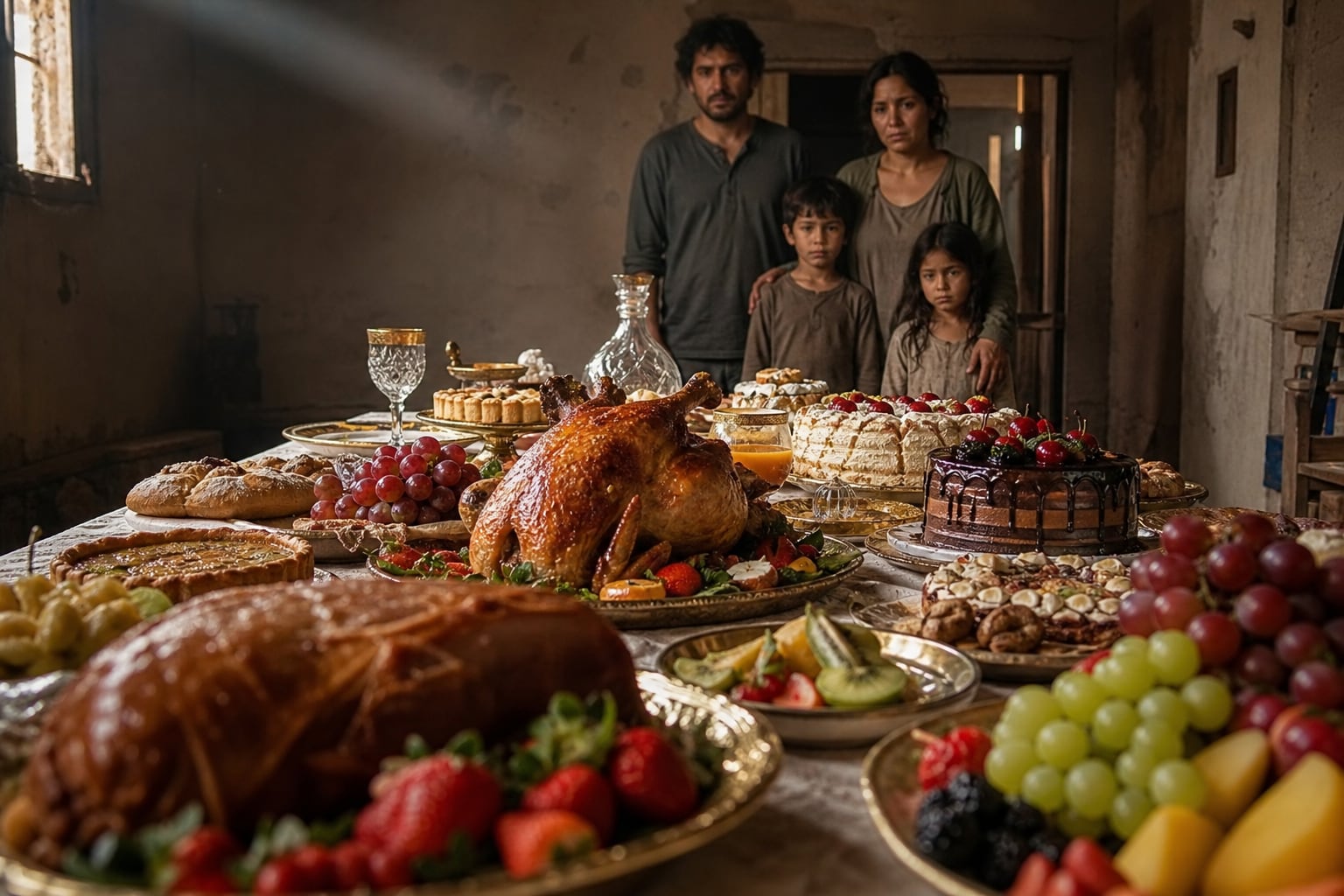 Una familia de cuatro personas observa desde el fondo de una habitación rústica una mesa llena de carnes asadas, frutas y pasteles. (Imagen Ilustrativa Infobae)
