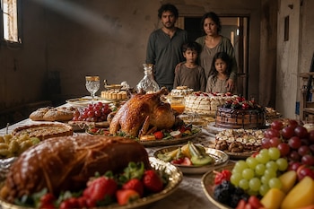 Mesa con pavo asado, carnes, tartas y frutas, junto a una familia de cuatro personas al fondo en una habitación sobria.