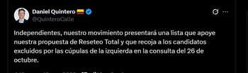Daniel Quintero sobre listas al Congreso - crédito @QuinteroCalle/X