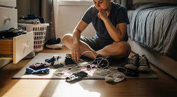 Persona sentada con las piernas cruzadas en el suelo de una habitación, rodeada de calcetines, cargadores de teléfono y zapatillas, con una cómoda y una cama visibles.