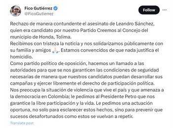 Federico Gutiérrez condenó el asesinato del excandidato al Concejo de Honda Leandro Sánchez - crédito @FicoGutierrez/X