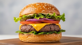 Una hamburguesa con pan de sésamo, carne, queso, lechuga, tomate, cebolla morada, pepinillos y salsa, servida sobre una tabla de madera.