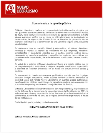 El Nuevo Liberalismo anunció que no respaldará institucionalmente a Abelardo de la Espriella ni a Iván Cepeda, candidatos que pasaron a la segunda vuelta presidencial - crédito Nuevo Liberalismo