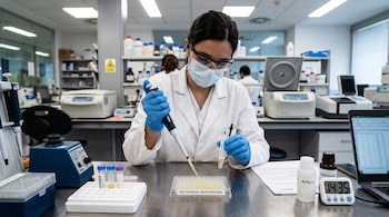 Una científica con mascarilla y guantes manipula una muestra con pipeta junto a tubos de ensayo y una placa etiquetada como test de saliva.
