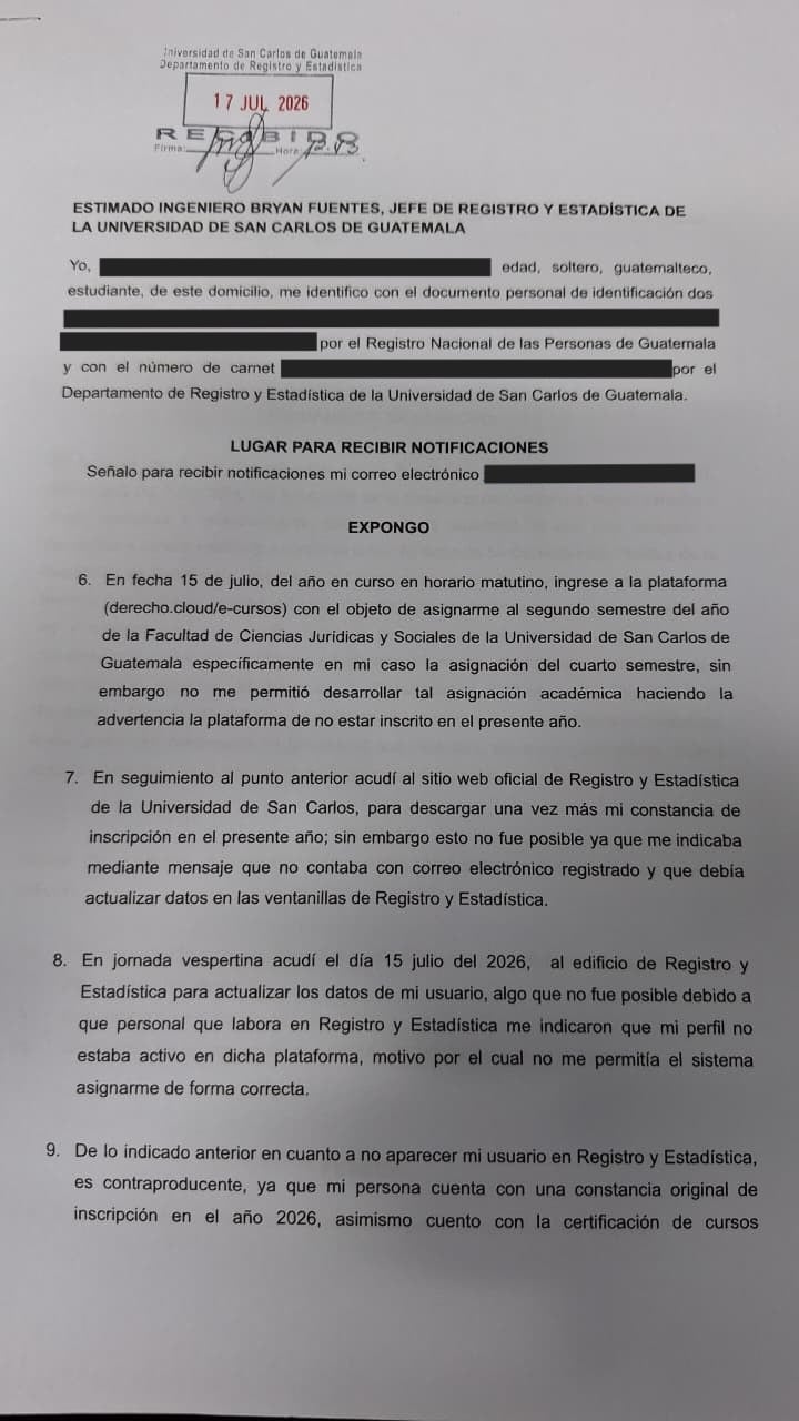 El Departamento de Registro y Estadística de la USAC recibió un memorial de los afectados y advirtió que responderá en un mes sin garantizar una solución favorable. (Cortesía)