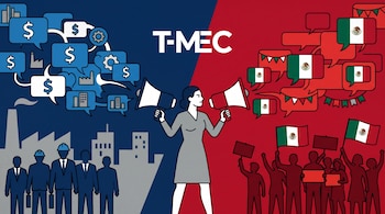Ilustración de mujer con megáfonos dividiendo la escena: a la izquierda, empresarios y símbolos monetarios; a la derecha, multitud con banderas mexicanas. Logo T-MEC.