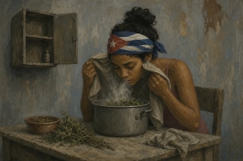 Una joven con un pañuelo de la bandera cubana se inclina sobre una olla con plantas en ebullición junto a un armario de pared vacío.