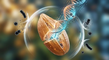 Grano de arroz abierto del que emerge una hélice de ADN con circuitos, dentro de una esfera transparente rodeada de bacterias.