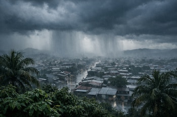 Vista panorámica de una ciudad en El Salvador bajo una lluvia torrencial, con un cielo oscuro y nubes densas sobre tejados y calles mojadas. Palas y arbustos verdes en primer plano.