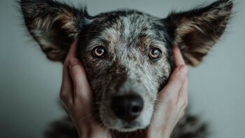 Retrato frontal, manos sosteniendo cabeza de perro, fondo neutro claro, expresión calmada, luz suave, conexión emocional. - (Imagen Ilustrativa Infobae)