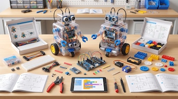 Dos robots educativos, placas de circuito, cables, resistencias, LEDs, herramientas, manuales y una tableta con interfaz de programación visual sobre una mesa.