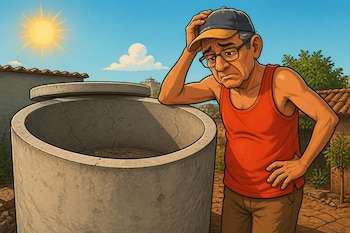 Un hombre con gorra y gafas se apoya en un gran tanque de concreto vacío junto a un patio soleado.