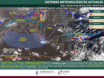 Mapa meteorológico de México que muestra frente frío, línea seca, corrientes en chorro y zonas de alta y baja presión sobre el territorio y océanos