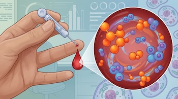 Una mano sostiene un dispositivo de punción en el dedo, del cual sale una gota de sangre. Una ampliación circular muestra moléculas de glucosa y cetonas de colores variados.