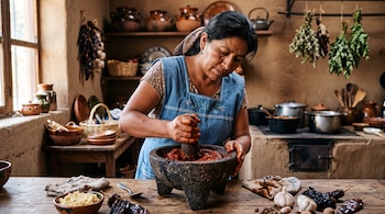 Mujer con delantal azul tritura una pasta roja en un molcajete de piedra sobre una mesa con chiles secos y ajos.